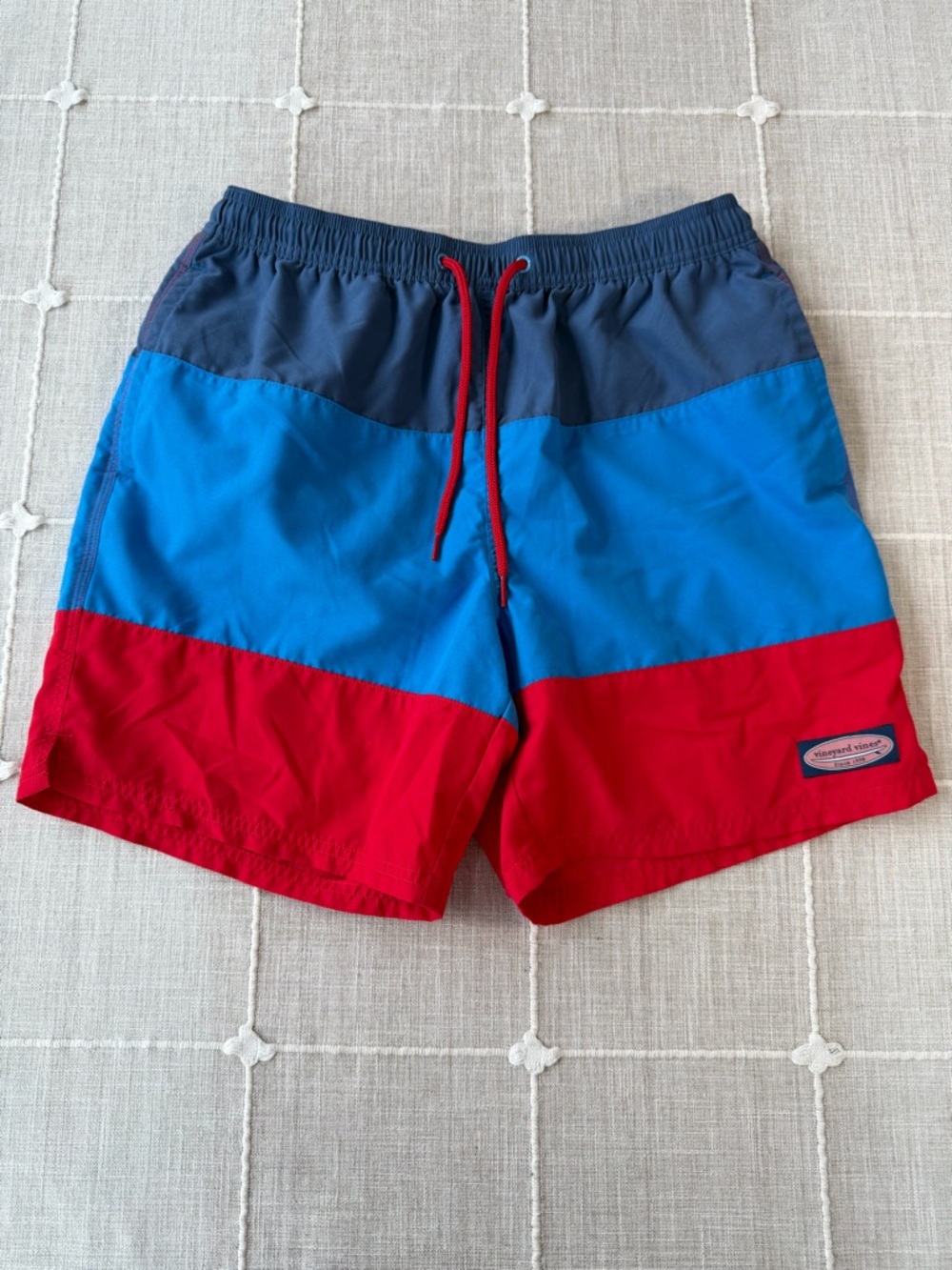 Vineyard Vines Men’s Colorblock Swim Trunks — Navy, Bright Blue & Red - Size M
